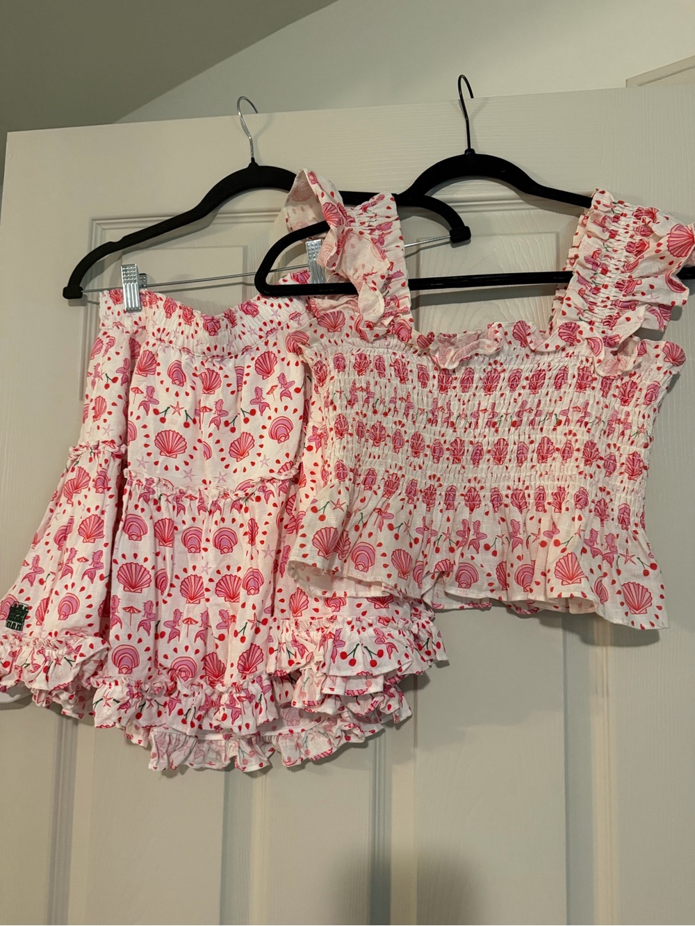Hill House Home Pink Seashell Smocked Crop Top and Ruffle Skirt Set